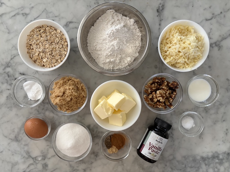 parsnip cookie recipe ingredients arranged on a marble surface