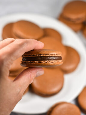 Hand holding a chocolate macaron