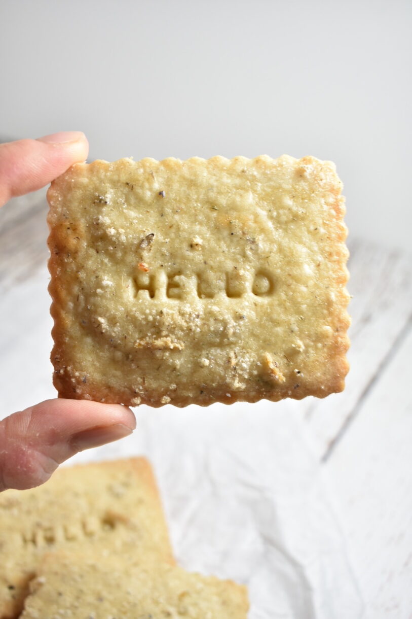 Hand holding a 'hello' biscuit