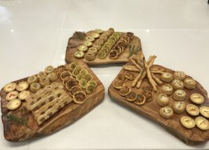 Puff pastry appetizers on wooden boards