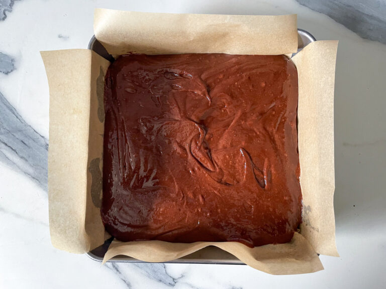 Brownie batter in tin
