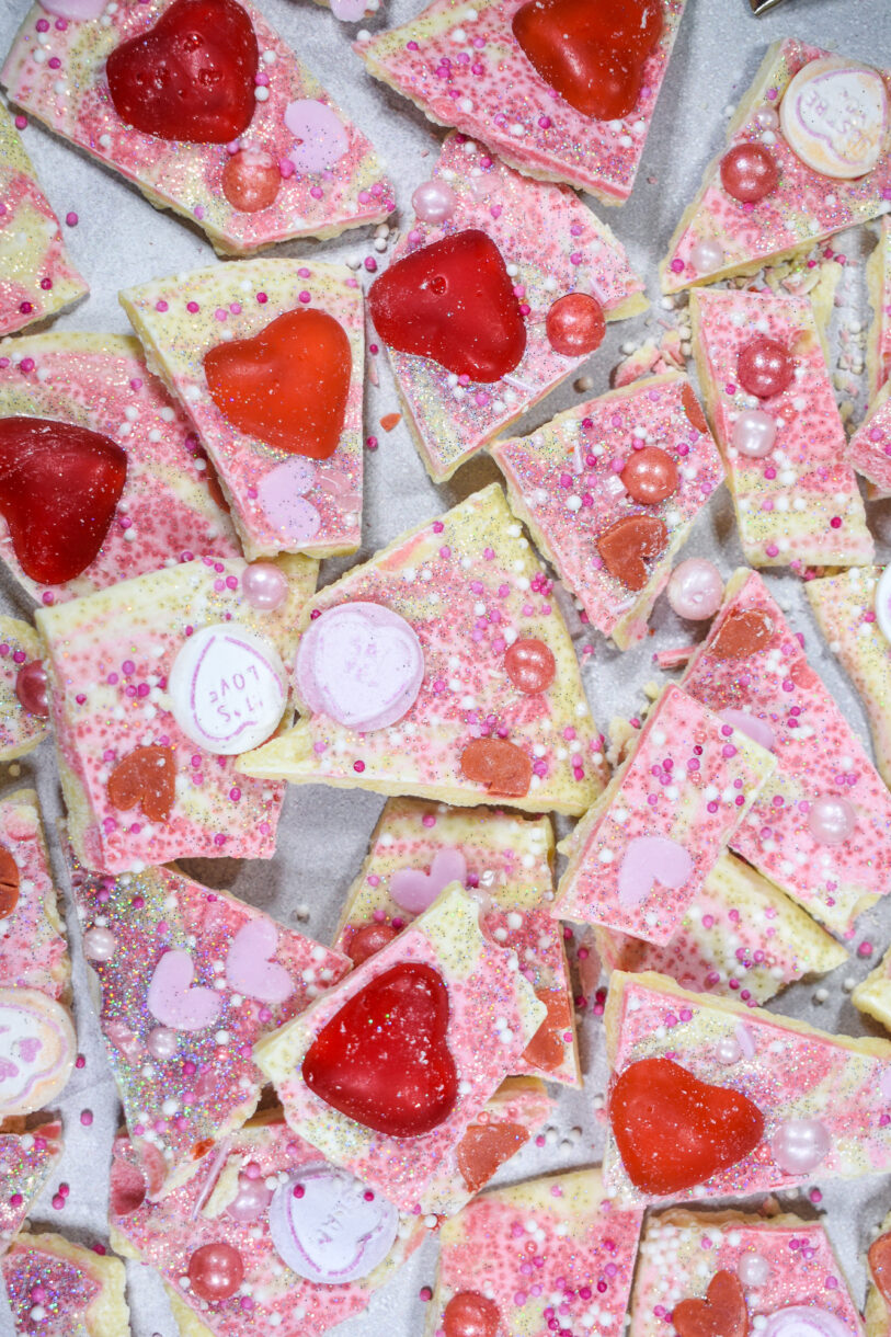 Valentine's Day bark decorated with conversation hearts