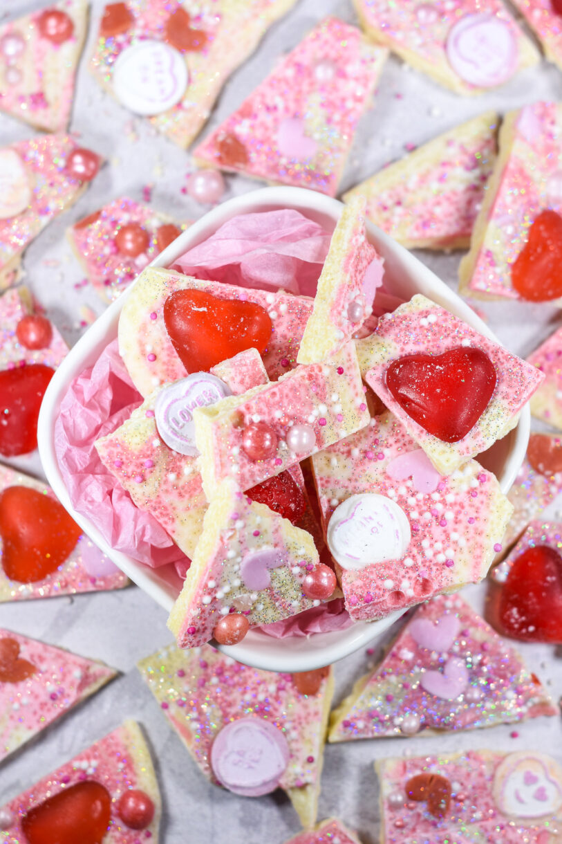 A bowl of conversation heart bark for Valentine's Day