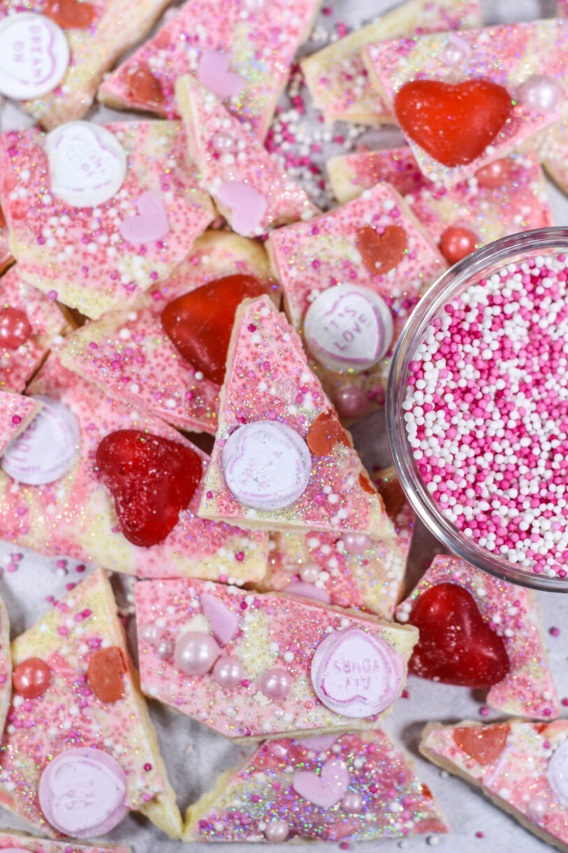 Valentine's Day bark and a bowl of pink sprinkles