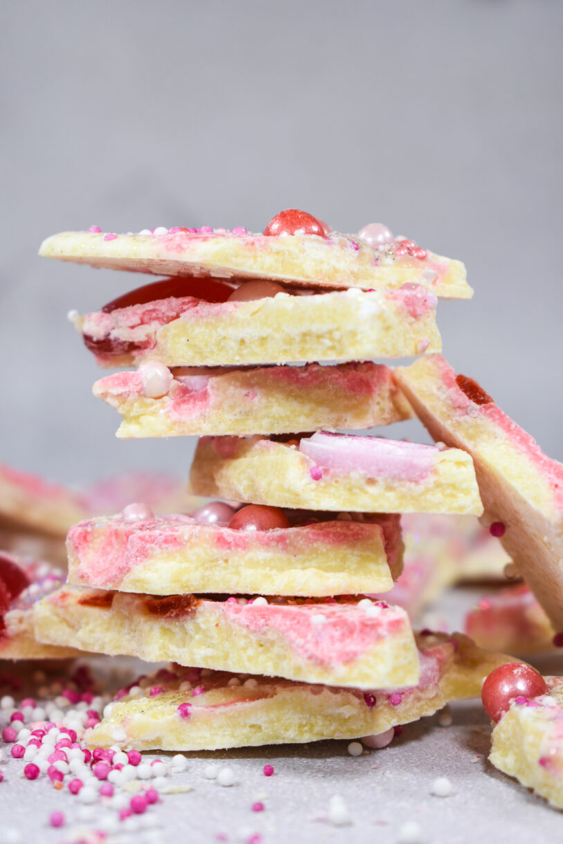 A stack of white chocolate bark for Valentine's Day