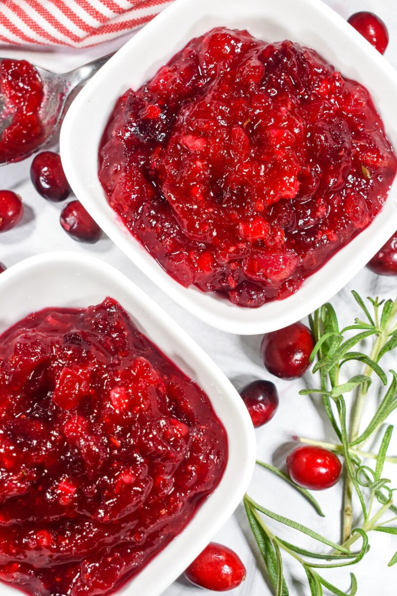 Cranberry compote in white bowls