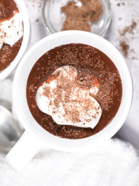 Looking down into a mug of hot chocolate topped with whipped cream