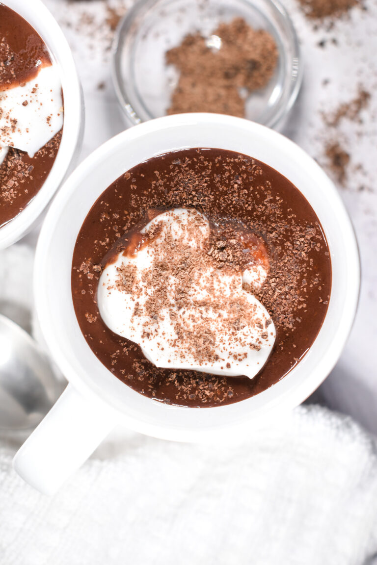 Looking down into a mug of hot chocolate topped with whipped cream