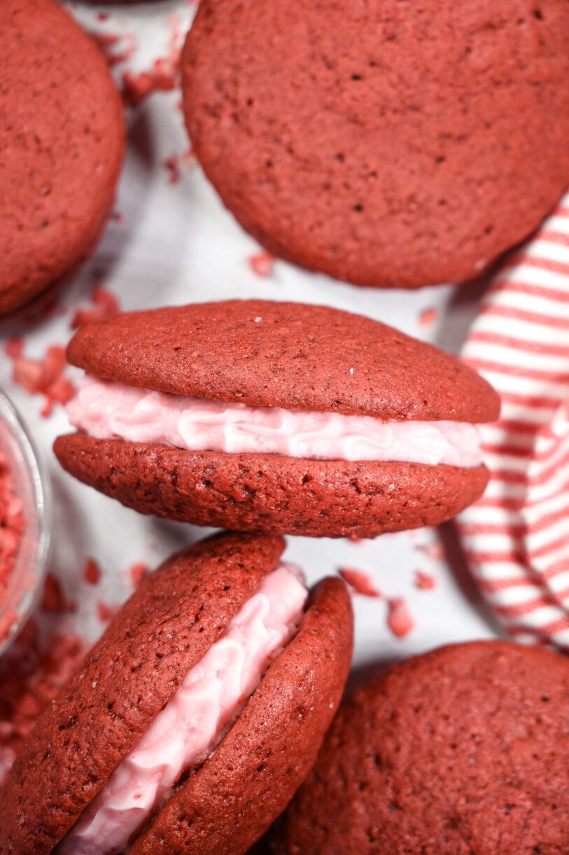 Whoopie pie and a striped tea towel