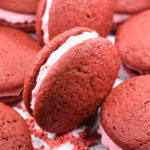 Red velvet whoopie pies with pink frosting