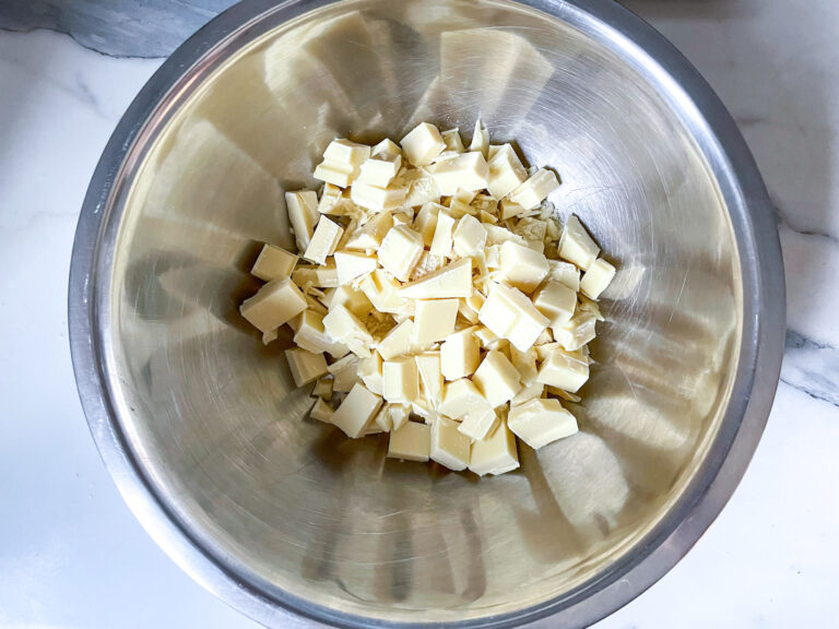 A bowl of chopped white chocolate