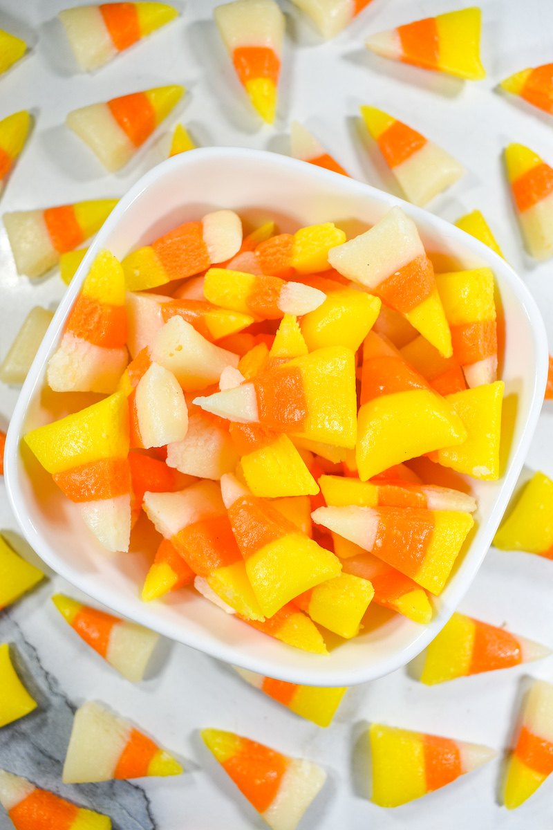 Pieces of homemade candy corn in a bowl