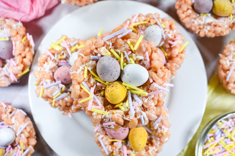 A plate with a stack of Easter Rice Krispie treats