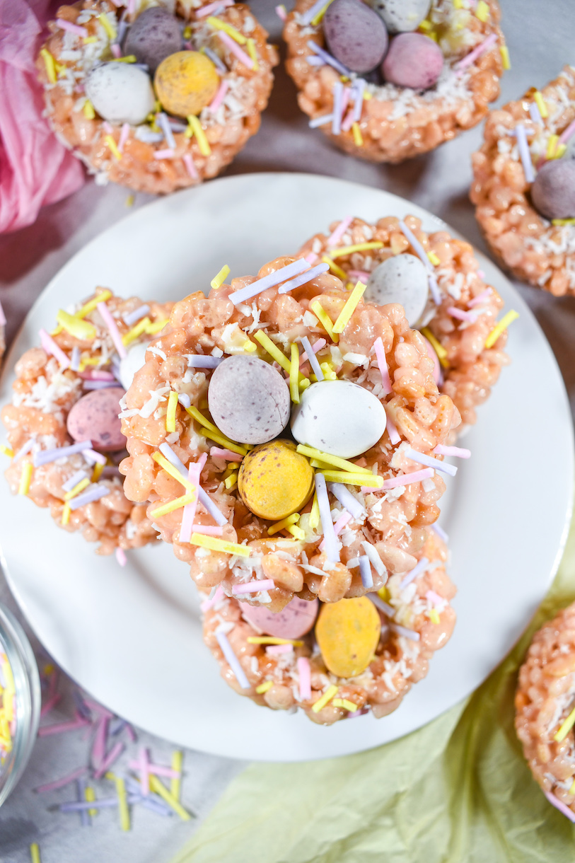 A stack of Easter rice krispie treats on a white plate