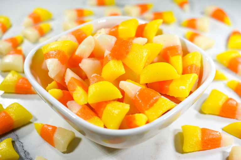 A bowl of candy corn 