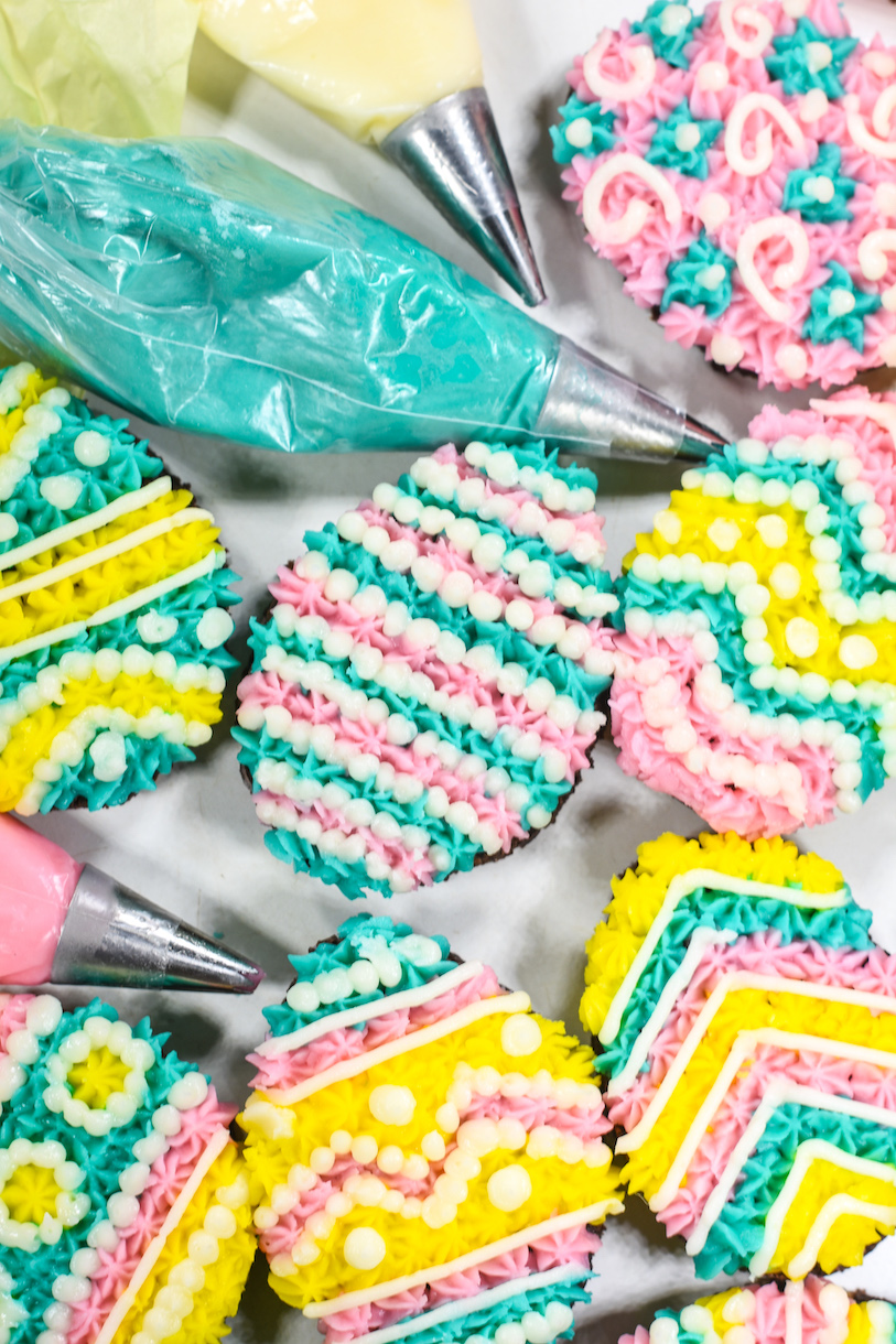 Easter egg brownies and piping bags of buttercream