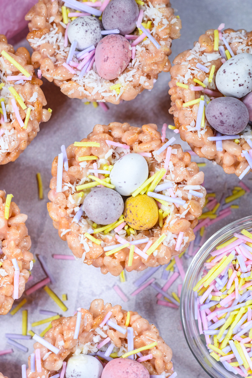 Easter bird nest treats decorated with chocolate eggs
