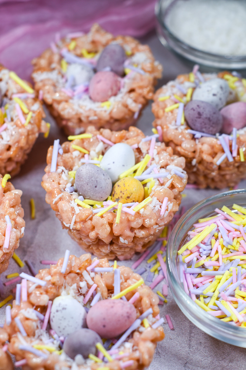 Birds nest marshmallow treats with sprinkles and mini eggs