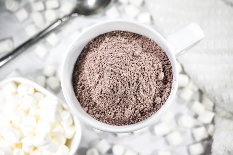 Powdered hot chocolate made from a simple hot cocoa mix recipe, surrounded by marshmallows