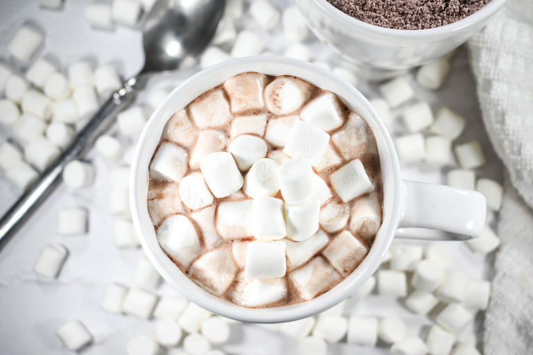 A mug of hot chocolate with marshmallows