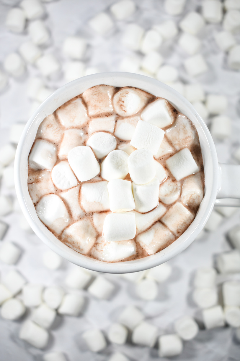 A mug of homemade hot cocoa mix with mini marshmallows
