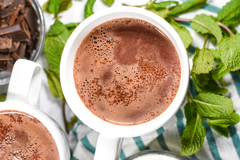 A mug of homemade peppermint hot chocolate and leaves of fresh mint