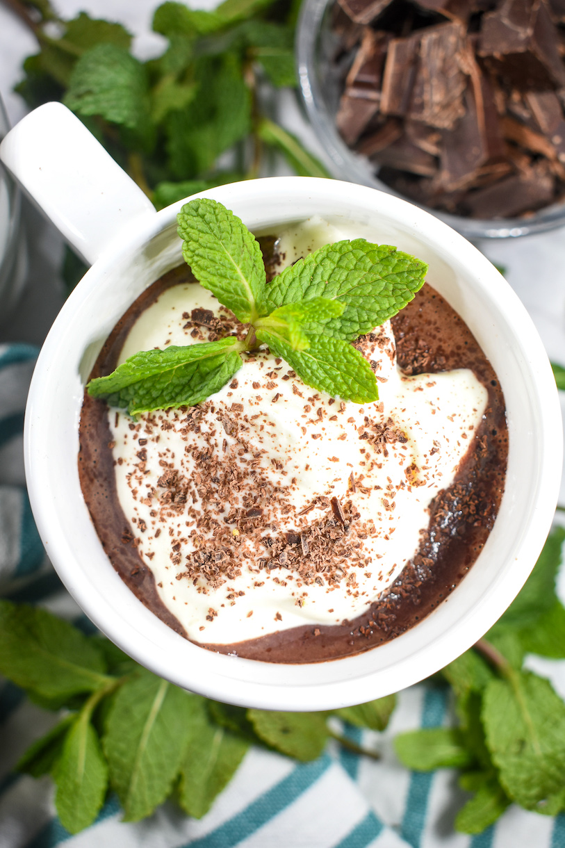 Closeup shot of peppermint cocoa with whipped cream and mint