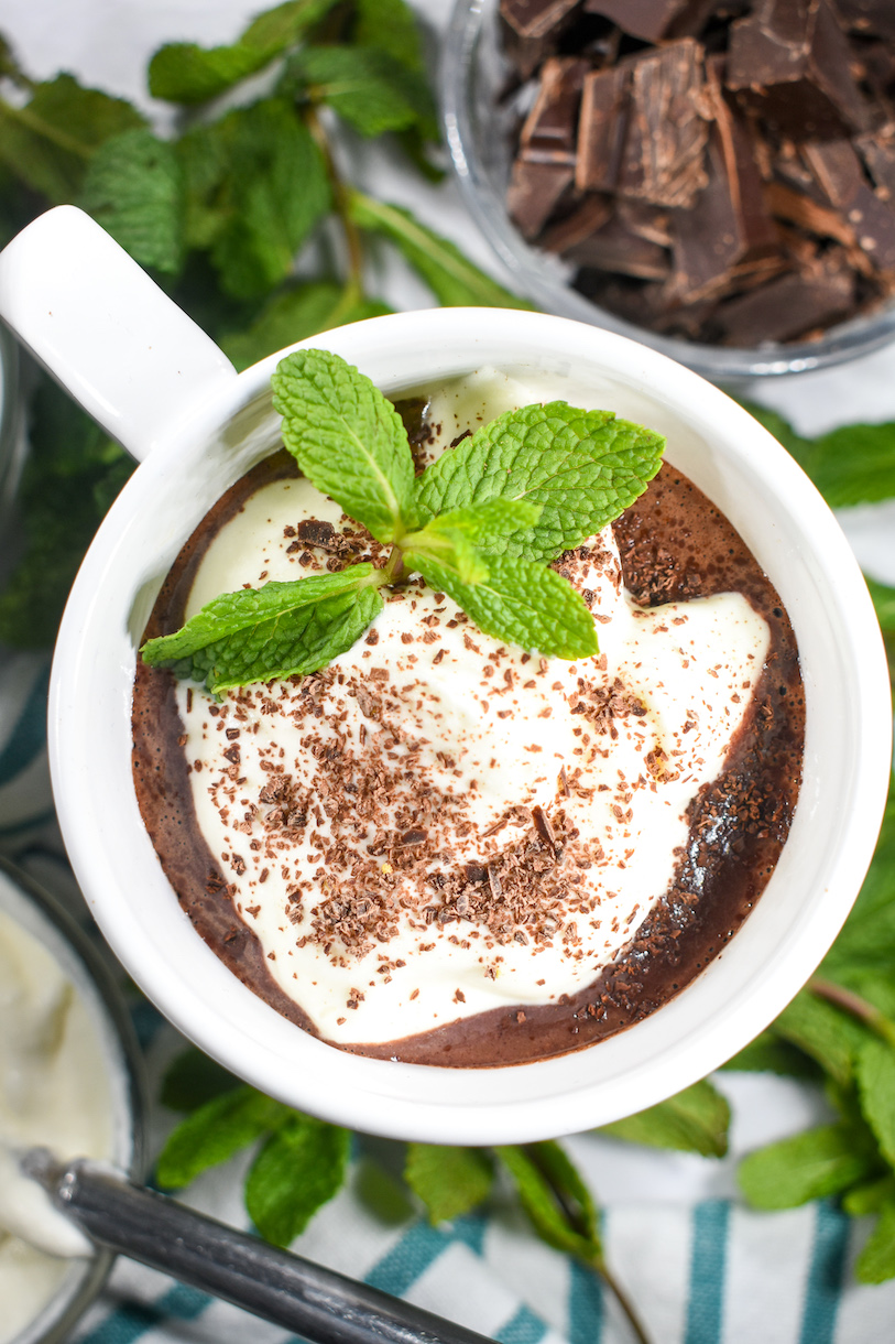 Mint hot chocolate with whipped cream and mint leaves