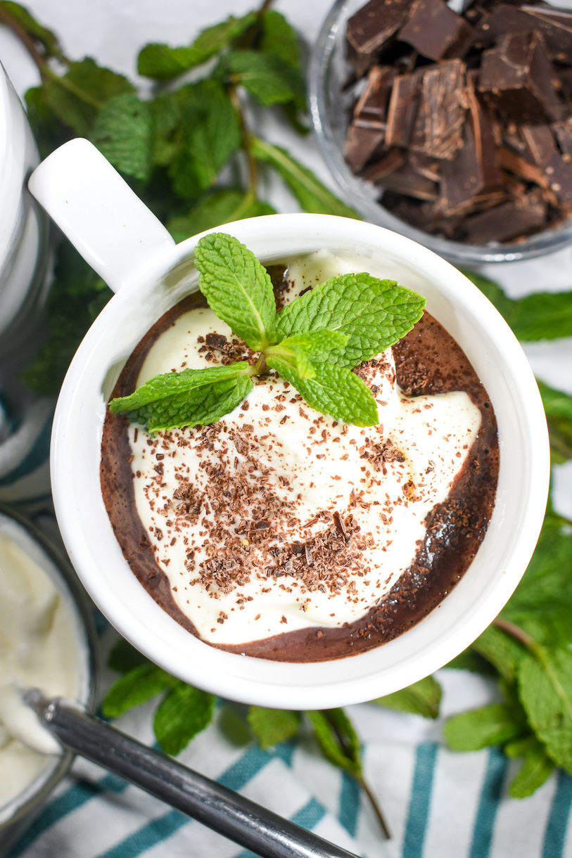a mug of peppermint hot chocolate with whipped cream and fresh mint