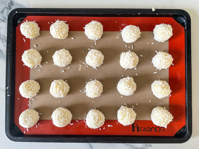 A tray of white chocolate coconut truffles