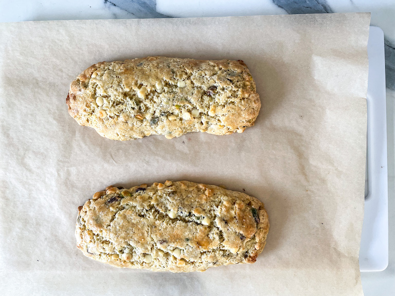 Baked pistachio biscotti loaves