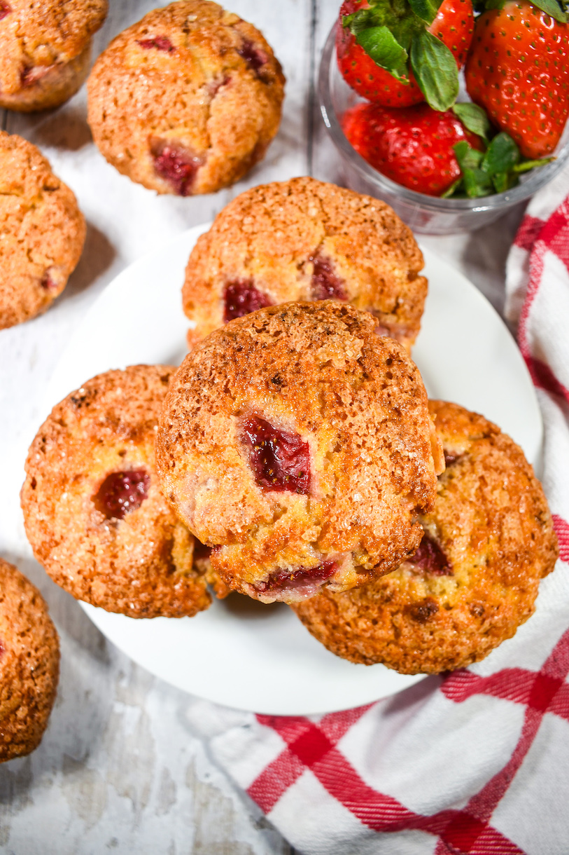 strawberry muffins arranged on a white plate