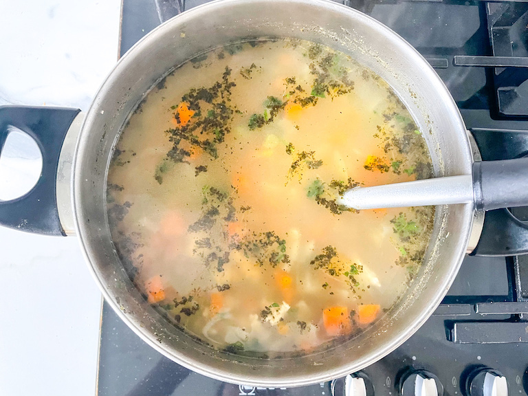 Vegetarian chicken noodle soup in a stock pot on the stovetop
