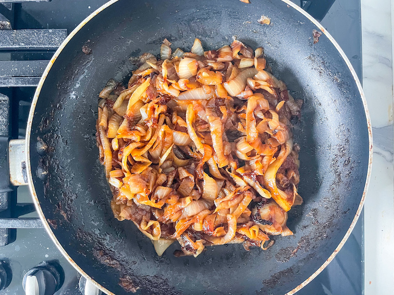A pan of caramelized onions