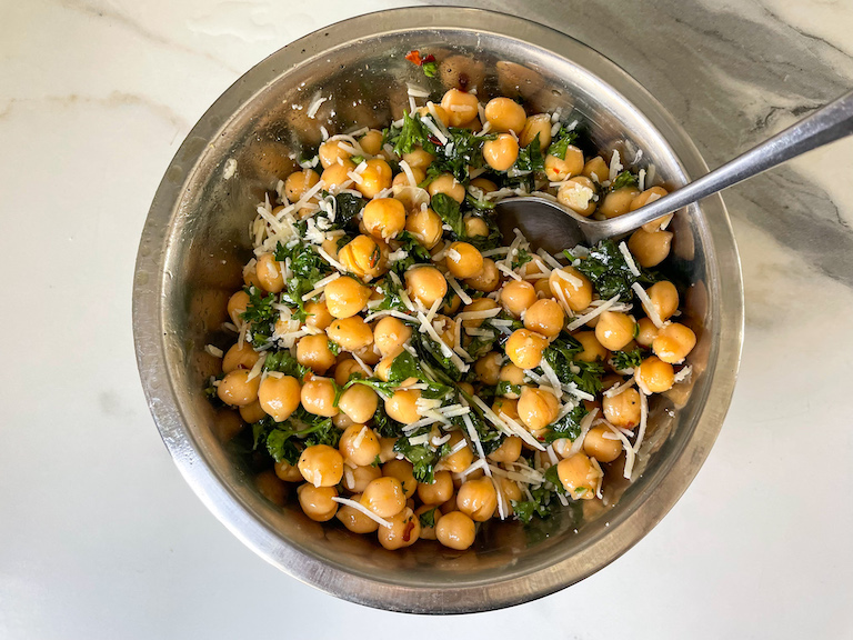 Chickpea salad in a metal bowl