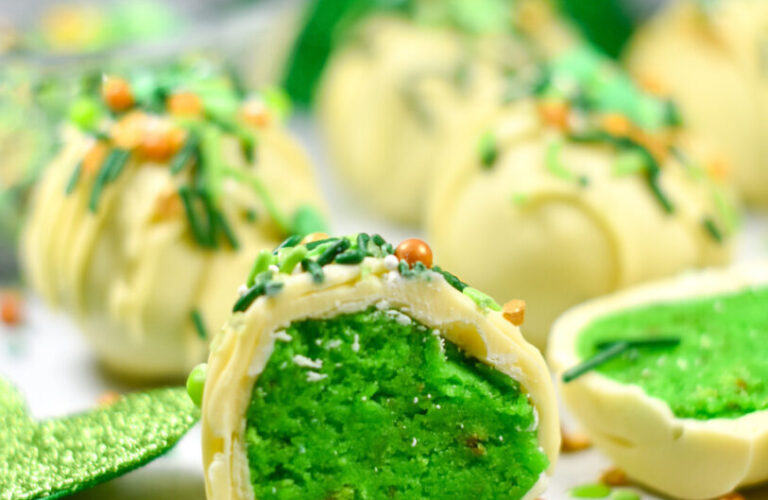 Bright green peppermint cake balls for Saint Patrick's Day.