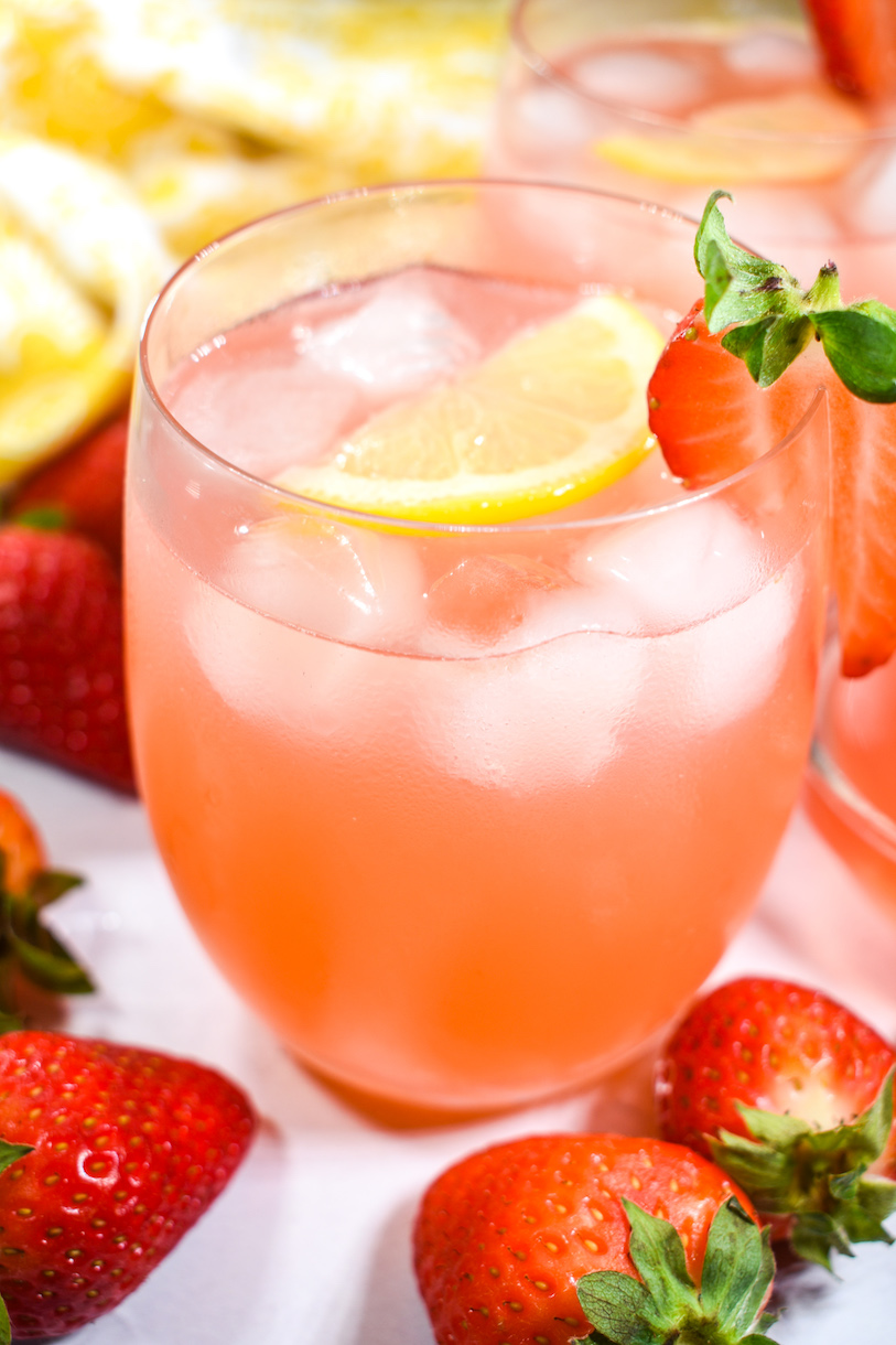 a glass of strawberry rhubarb lemonade