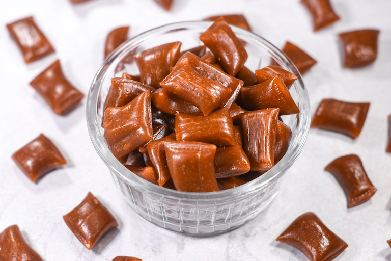 A dish of homemade root beer hard candy