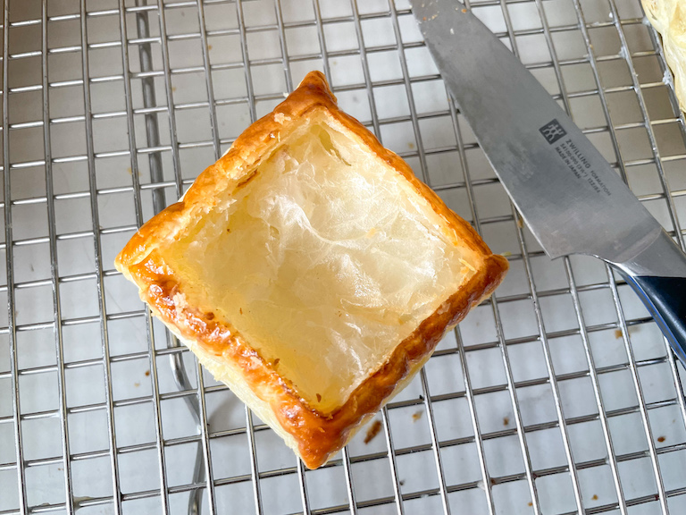 Puff pastry square on a wire rack