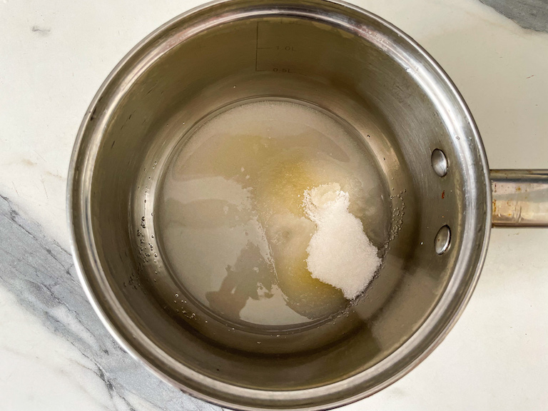 Sugar and water in a saucepan