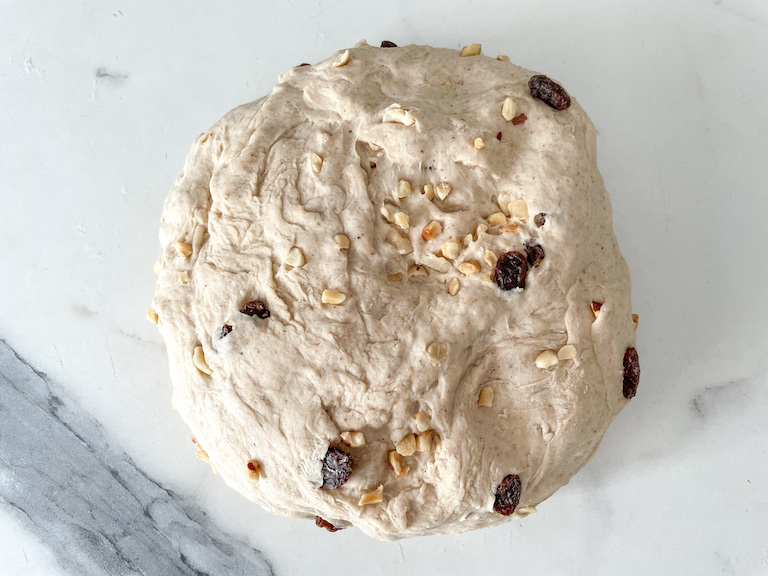 Bread dough with nuts and raisins