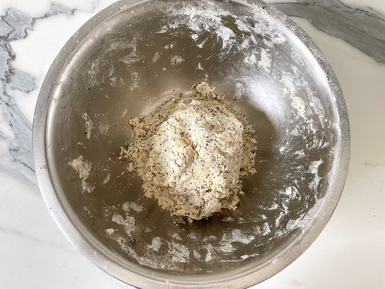Metal bowl of shortbread dough