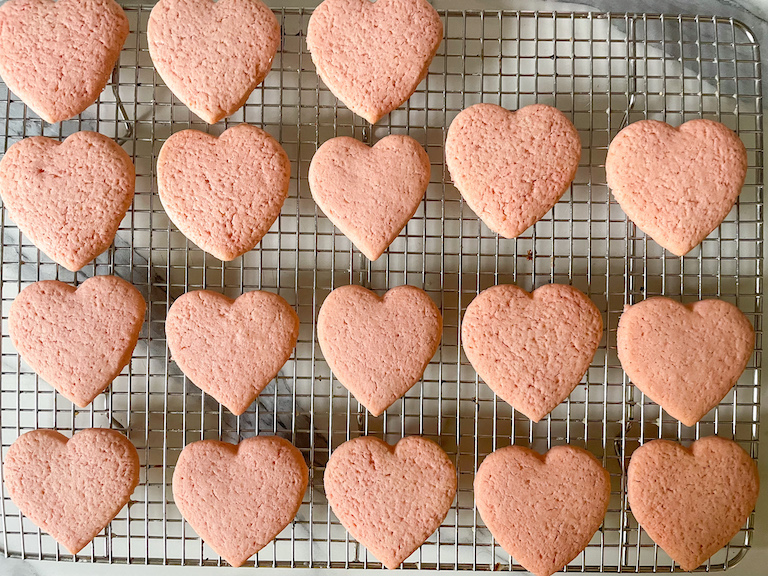 Heart cookies on a wire rack