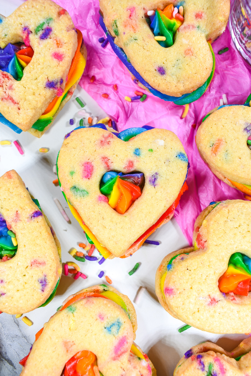 Heart shaped rainbow cookies