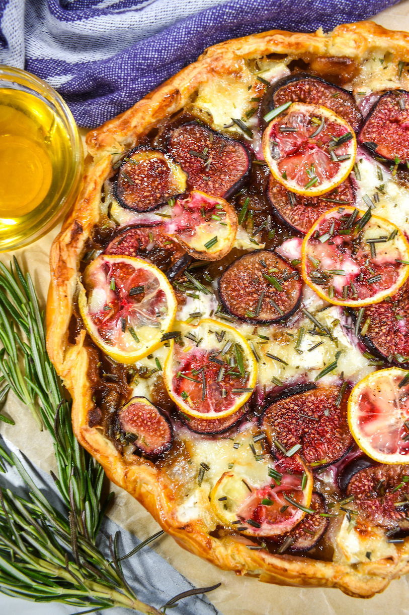 a puff pastry tart with goat cheese, lemons, and figs