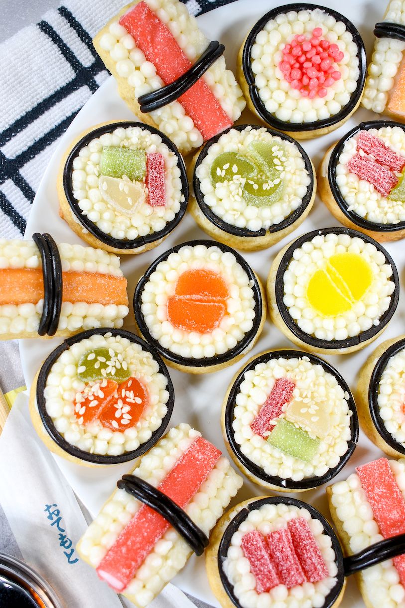 Sushi cookies arranged on a white plate