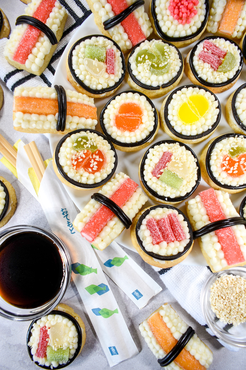 Sushi cookies, chopsticks, and dish of soy sauce
