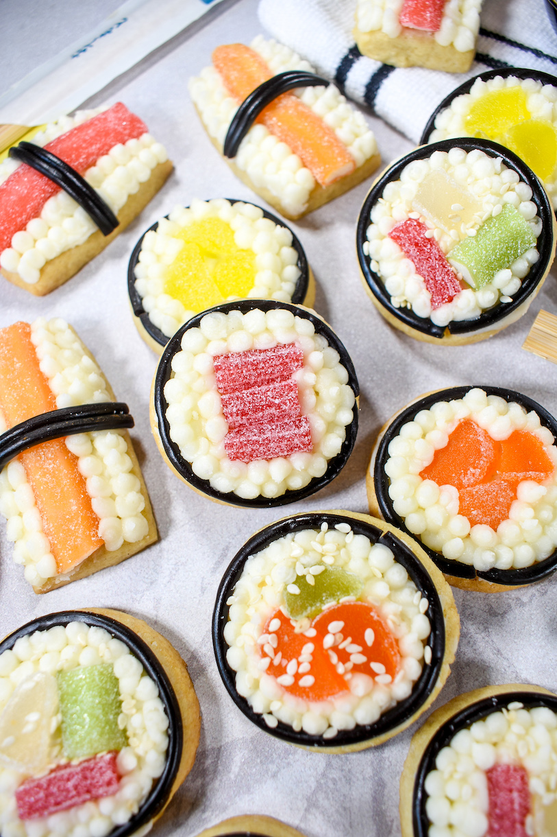 Sushi cookies on a white surface
