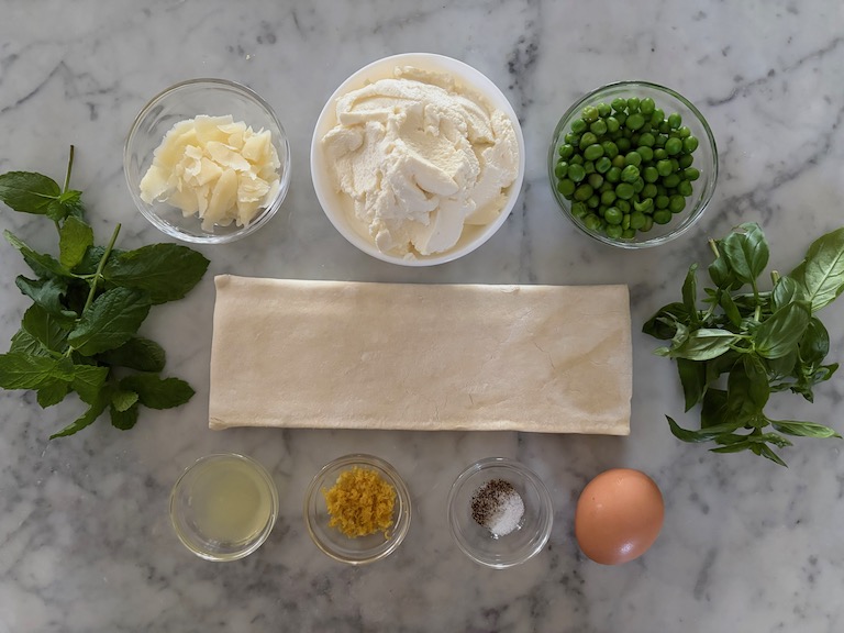ingredients for making puff pastry pea and mint tartlets
