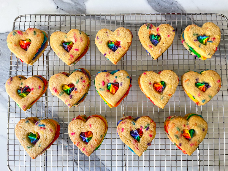 Heart cookies on a wire rack